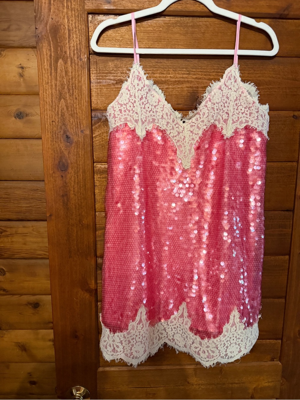 Pink Sequin Lace-Trim Slip Dress